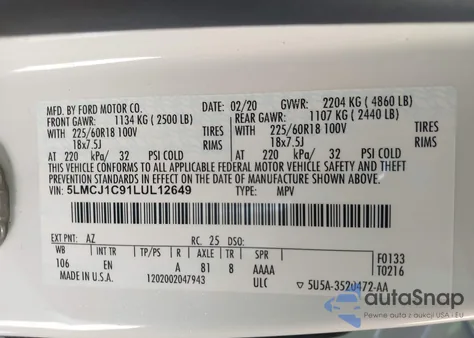 2020 Lincoln Corsair Standard z USA, uszkodzony, nr VIN 5LMCJ1C91LUL12649